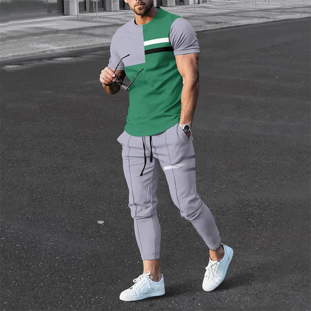 Men's Tracksuit 2 Piece Set - Fashionable Sportswear with Short Sleeve T-Shirt and Long Pants, Summer Streetwear for Men