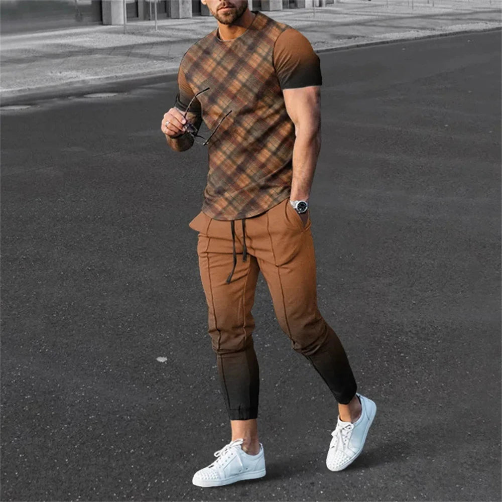 Men's Tracksuit 2 Piece Set - Fashionable Sportswear with Short Sleeve T-Shirt and Long Pants, Summer Streetwear for Men