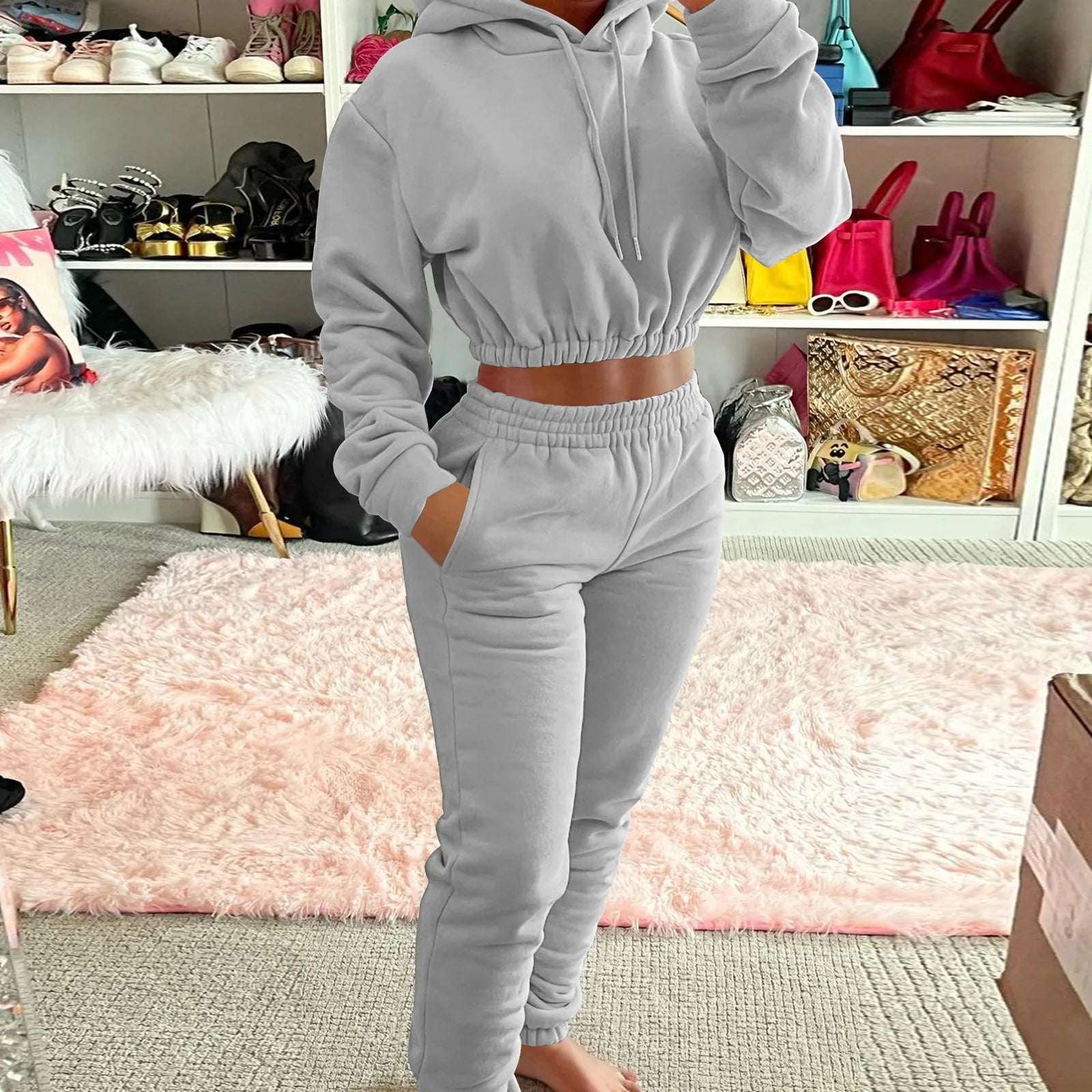 Women's Velvet Tracksuit Set - Solid Color Hoodie and Joggers Sweatsuit, Nude Pullover Hoodies and Sweat Pants Two-Piece Set