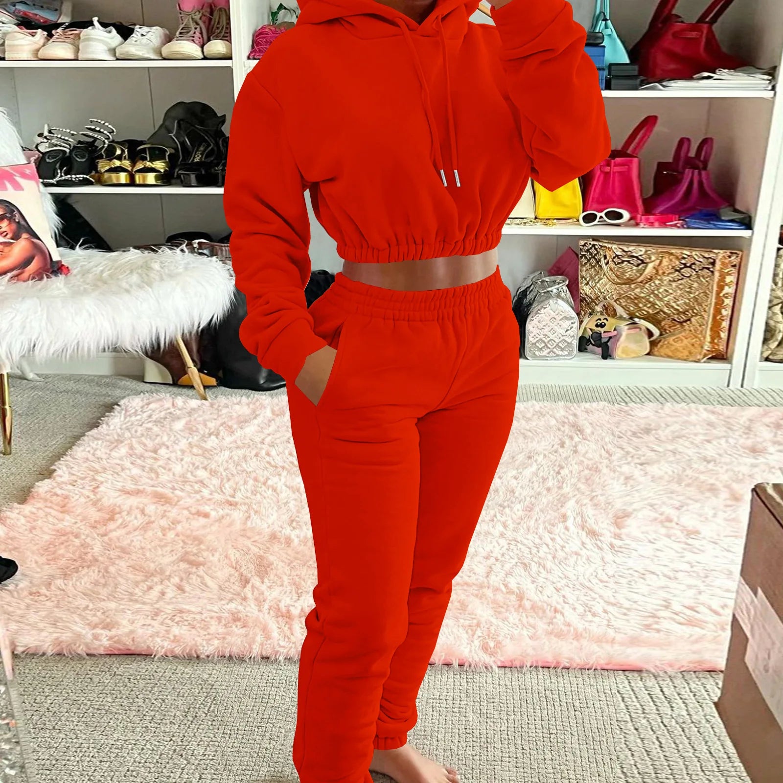 Women's Velvet Tracksuit Set - Solid Color Hoodie and Joggers Sweatsuit, Nude Pullover Hoodies and Sweat Pants Two-Piece Set