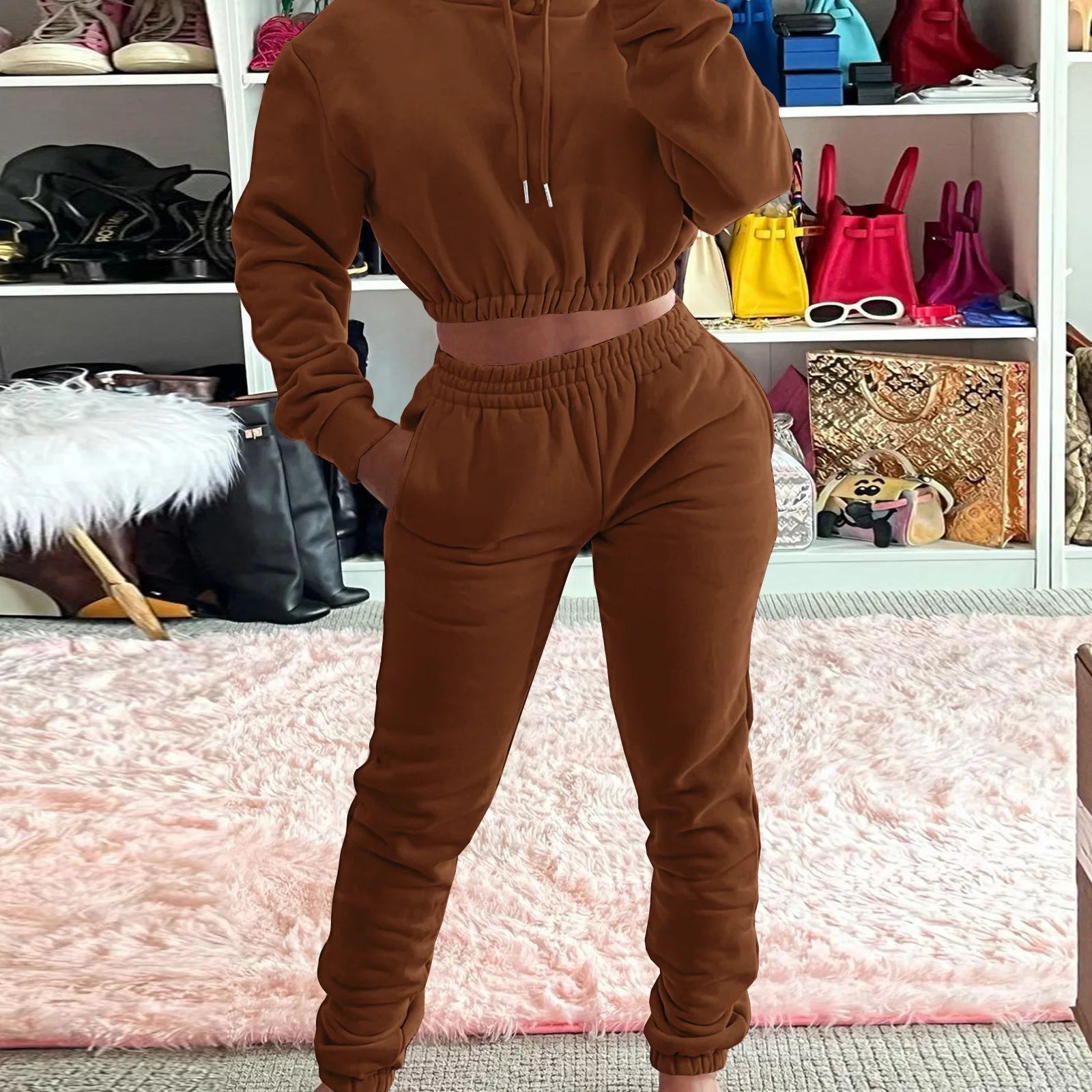 Women's Velvet Tracksuit Set - Solid Color Hoodie and Joggers Sweatsuit, Nude Pullover Hoodies and Sweat Pants Two-Piece Set