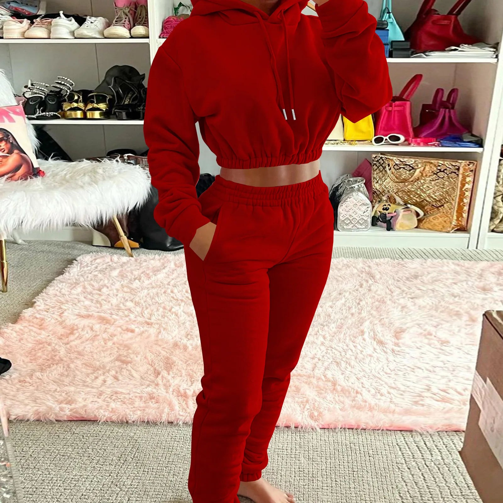 Women's Velvet Tracksuit Set - Solid Color Hoodie and Joggers Sweatsuit, Nude Pullover Hoodies and Sweat Pants Two-Piece Set